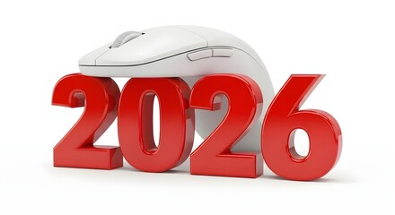 Computer mouse resting on red 2026 numbers isolated on white background