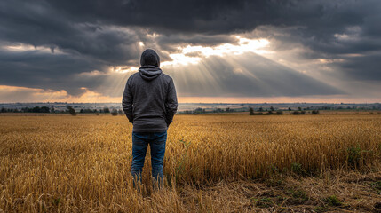 Man gazes into golden wheat field with hoodie. A dramatic sky with sun rays peeking through the dark clouds creates a striking contrast.