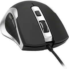 Ergonomic Computer Mouse Gaming Gear with Silver Accents and Black Design Precision Control on transparent background