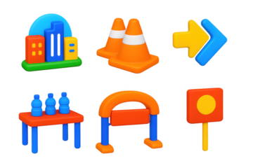 Urban Marathon Icons. 3D icon set of urban marathon scenes: city skyline backdrop, road cones, directional arrows, water station