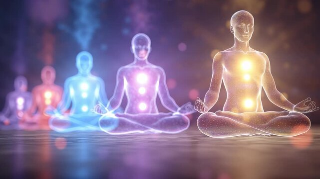 Glowing translucent figures sit in meditation with illuminated energy centers, creating a calm, spiritual, and atmospheric scene focused on balance and inner awareness.