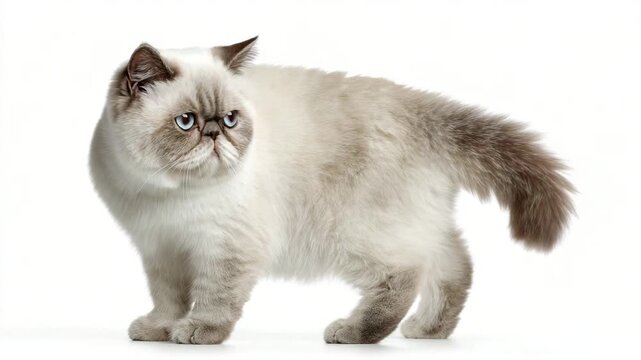 Beautiful fluffy Himalayan Persian cat with cream and light brown fur standing sideways on a clean white background, looking left, perfect for pet-related commercial projects.
