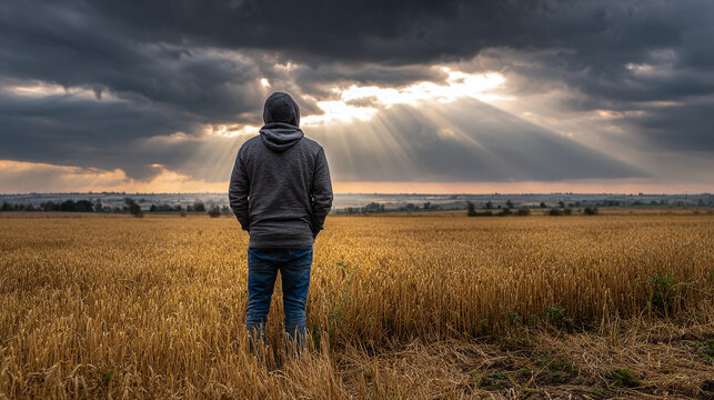 Man gazes into golden wheat field with hoodie. A dramatic sky with sun rays peeking through the dark clouds creates a striking contrast. - Powered by Adobe