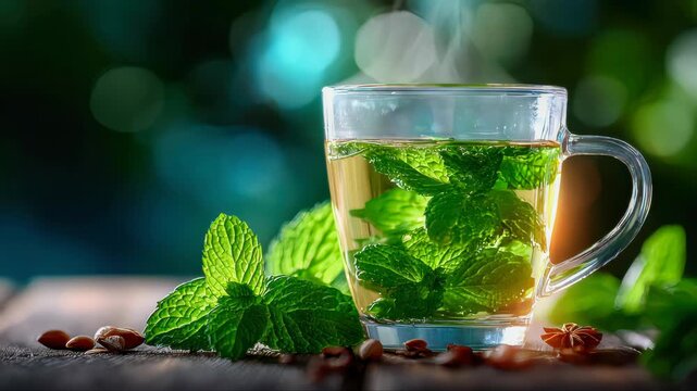 Clear glass cup filled with fresh mint leaves and hot herbal tea, steaming on a rustic wooden table
