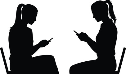 Modern communication, smartphone users, digital lifestyle, social disconnection, seated people, tech habits, silhouette concept, mobile engagement - flat vector illustration