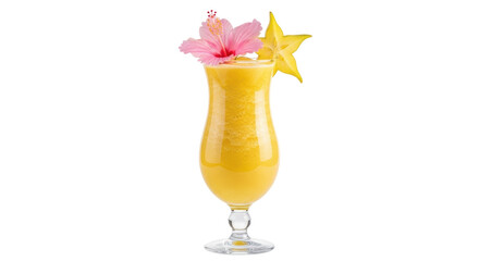Refreshing yellow tropical cocktail with hibiscus and star fruit isolated PNG, summer drink for party and vacation on transparent background