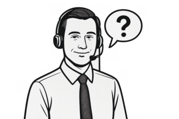 Call center operator drawing wearing headset and mic, having question bubble for customer support and assistance. Transparent background
