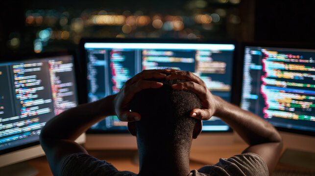 A person looking at three computer monitors with code on the screen. Has his hands holding his head in stress or frustration.