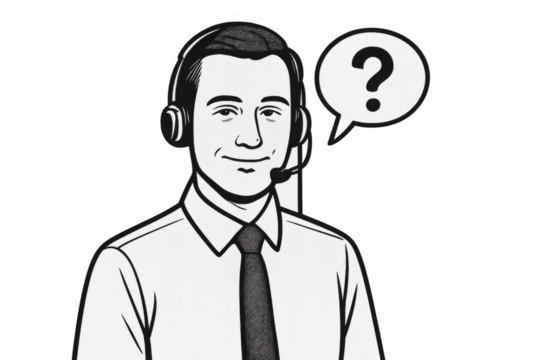 Call center operator drawing wearing headset and mic, having question bubble for customer support and assistance. Transparent background