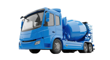 Blue cement mixer truck PNG isolated on transparent background, construction vehicle for building and industrial use, heavy machinery