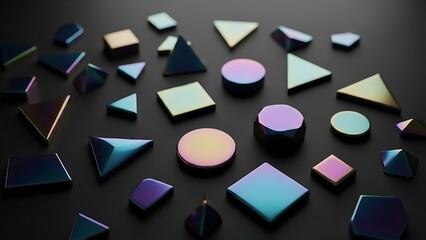 Assortment of Iridescent Geometric Shapes on Black Surface