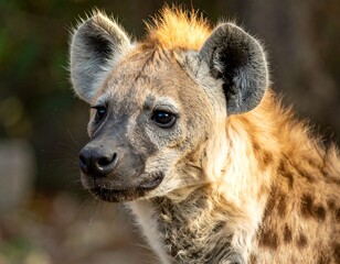 Close-up of a hyena with distinctive coat and fuzzy ears against a blurred, natural backdrop