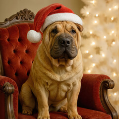 A charming Shar-pei dog nestled comfortably in an elegant Victorian-style red velvet chair, radiating warmth and joy beside a stunning white Christmas tree adorned with a soft, glowing lights