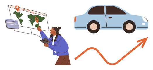 Woman interacts with map pinpointing locations, monitors travel plans digitally. Car design and growth arrow reflect navigation, mobility, progress. Ideal for travel, logistics, strategy, business
