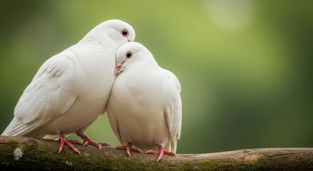 Obraz premium Two white doves perched close together on a mossy branch in serene green background