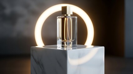 Luxury perfume bottle on marble pedestal with glowing ring light
