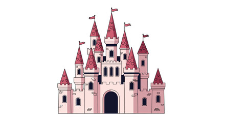 Fototapeta premium A beautiful and romantic pink fairytale princess castle with heart-shaped details on its towers and flags waving in the wind.