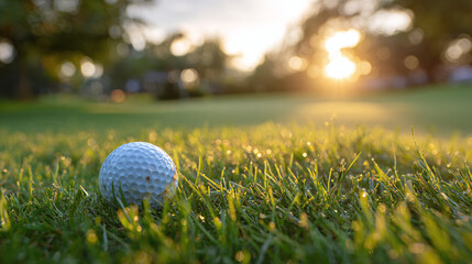 Golf ball rests on dewy grass with the sunrise casting a golden glow over the green. A serene start to a perfect golfing day.