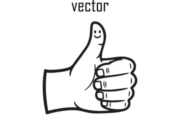 A simple black and white vector illustration of a hand giving a thumbs up gesture with a smiley face on the thumb conveying approval and positivity