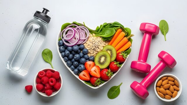 Healthy lifestyle concept with heart shaped bowl of nutritious foods