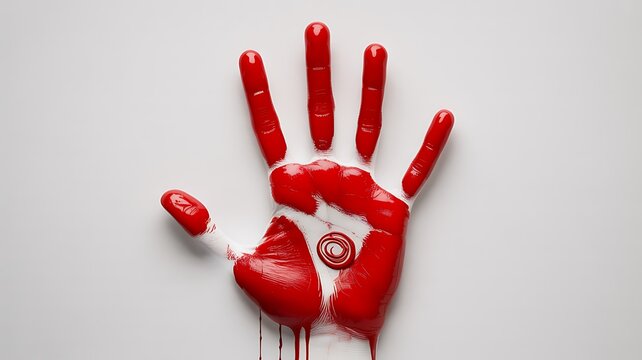 Red painted handprint with dripping paint on white background
- Powered by Adobe
