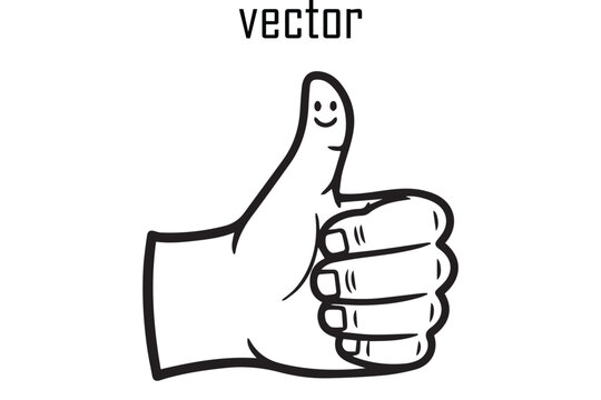 A simple black and white vector illustration of a hand giving a thumbs up gesture with a smiley face on the thumb conveying approval and positivity