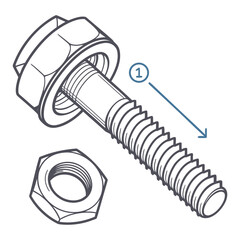 Detailed isometric illustration of a hexagonal bolt with a washer and a separate hexagonal nut highlighting threaded shaft and assembly components with a numbered indicator and directional arrow