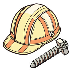 A bright yellow hard hat with orange stripes sits next to a large metal bolt on a white background symbolizing construction and safety equipment