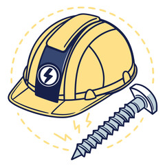 A yellow hard hat with a lightning bolt symbol on a dark blue band sits next to a metal screw with a dashed yellow circle around it