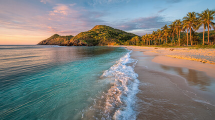 Serene coastal view featuring clear turquoise waters meeting a sandy beach, framed by lush palm trees and gentle rolling hills.