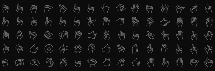 Hand Gesture Icons Line Art Outline Expressions Black Background