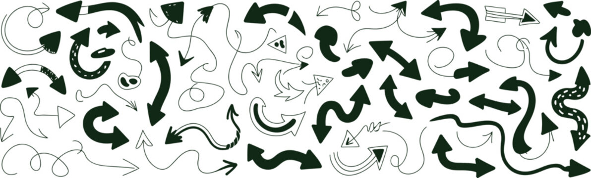 Green Arrow Doodles Hand Drawn Curved Sketch Direction Set