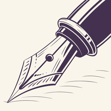 Close up of a vintage purple fountain pen nib with a split tip writing on a light cream background with subtle curved lines representing paper or ink flow