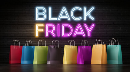 A row of colorful shopping bags arranged under a glowing neon sign that says "Black Friday", set against a dark brick wall background.