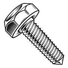 A detailed black and white illustration of a single hexagonal head bolt with sharp threads and a pointed tip isolated on a white background
