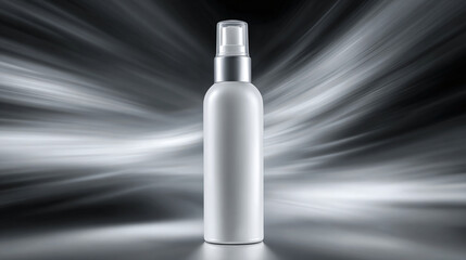 Fototapeta premium Sleek white spray bottle on an abstract silver backdrop, ideal for cosmetics, skincare, or personal care products. Minimalist aesthetic.