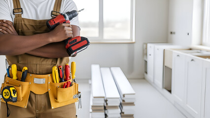 Professional handyman with drill ready to install new kitchen cabinets for a modern home renovation project, showcasing skilled craftsmanship and expertise