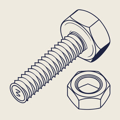 A detailed isometric line drawing of a hexagonal bolt and nut isolated on a neutral background representing a fundamental mechanical fastener