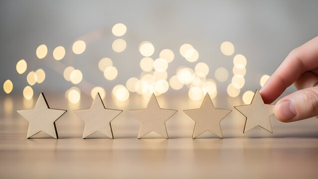 Get five star rating for business success now and hand putting wooden star in a row with golden light for excellent customer satisfaction experience