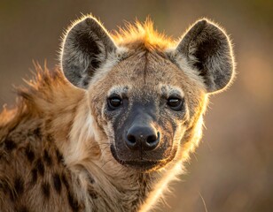 Close-up of a hyena's face in warm lighting, showcasing its speckled fur, perked ears, and dark nose
