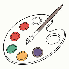 A simple cartoon drawing of an artist s paint palette with a brush resting on it featuring various colorful paint wells and empty spaces for mixing colors