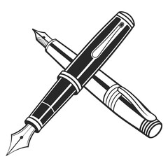 Elegant black and white illustration of two classic fountain pens crossed diagonally against a clean white background symbolizing writing and creativity