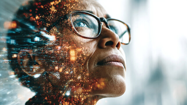 Woman in glasses looking upwards, face digitally enhanced with glowing particles, symbolizing vision, intellect, and forward-thinking ideas.