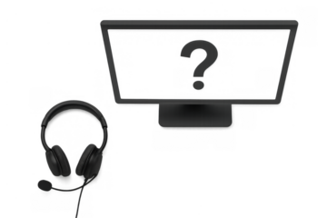 Call center support concept with headset and monitor showing question mark for customer service help