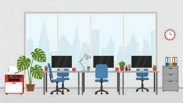 Open plan modern office interior with three empty workstations featuring computers, ergonomic chairs, individual desks, and desk lamps, set against a large window revealing a detailed city skyline vie