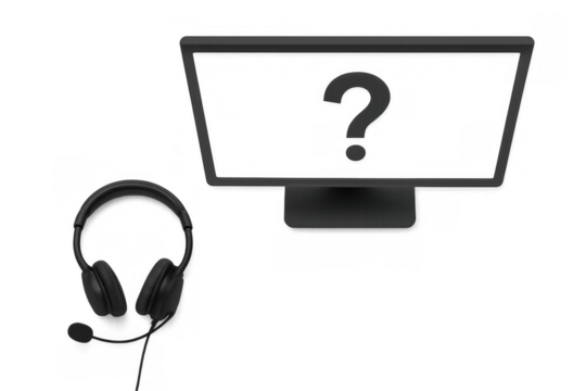 Call center support concept with headset and monitor showing question mark for customer service help