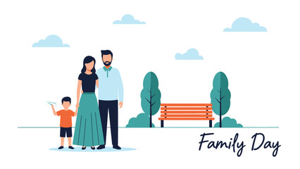 Naklejka premium Happy Family Day Illustration Vector. Parents and Child Spending Quality Time Together in Park Outdoor Activity.