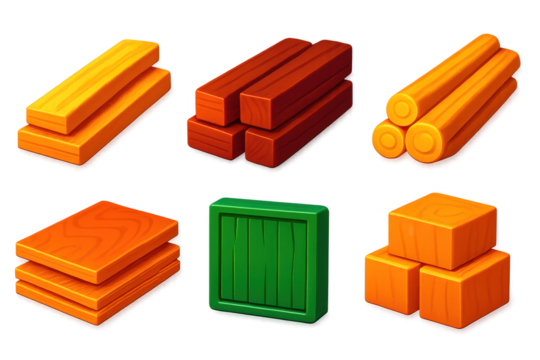 Vibrant Wood Icon Set. 3D icon set of wood materials: planks, beams, dowels, plywood sheets, panels, blocks. A set of 3D-style
