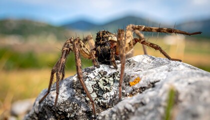 Close-up of a large, patterned spider resting on a lichen-covered rock with a soft, natural background