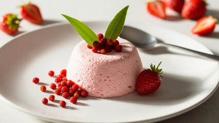 A delicate and creamy strawberry mousse dessert beautifully garnished with fresh wild strawberries and mint leaves on a pristine white plate